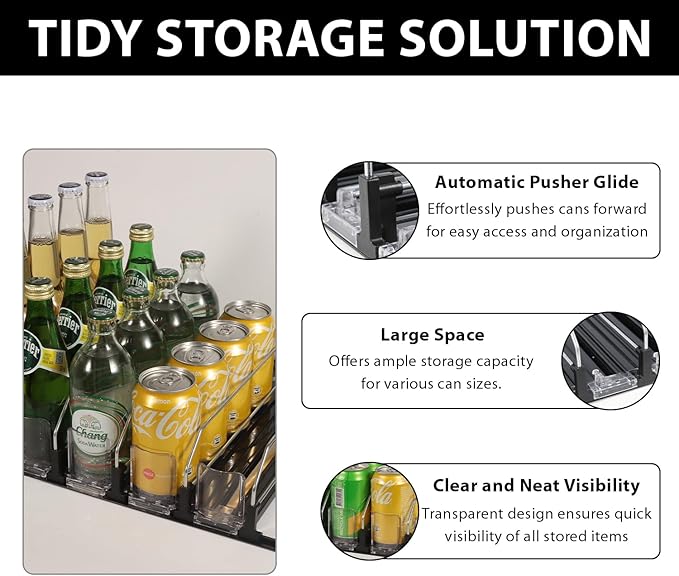 Upgraded Drink Organizer for Fridge – Adjustable Width Soda Can Organizer with Automatic Glide, Space-Saving Refrigerator Can Dispenser Holds Up to 25 Cans – Drink Holder for Fridge (5 Rows, Black)