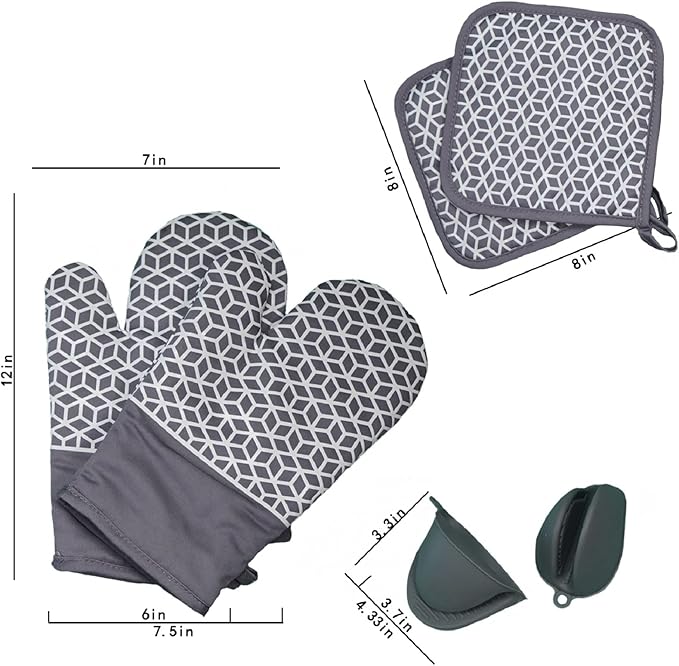 Oven Mitts and Pot Holders Sets 6pcs, Thick Cotton Oven Gloves High Heat Resistant 500℉with Extra Long Oven Mitts and Hot Pads Potholders with Non-Slip Silicone Surface for Cooking Baking
