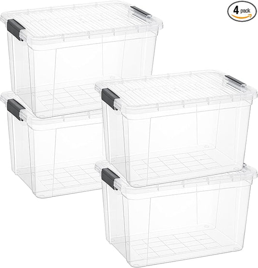 Superio Clear Storage Boxes with Lids, 26.5 Quart Plastic Container Bins for Organizing, Stackable Crates, BPA Free, Non Toxic, Odor Free, Organizers for Home, Office and Dorm, 4 Pack