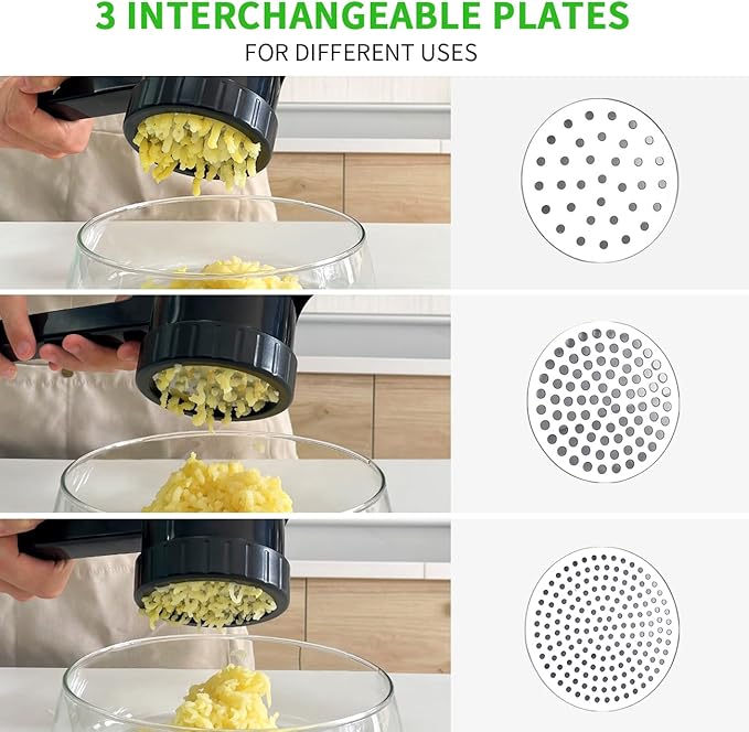 LHS Potato Ricer, Potato Masher for Potatoes with 3 Interchangeable Discs, Large Capacity Potato Masher and Ricer Kitchen Tool for Fruit, Vegetables, Baby Food, Black