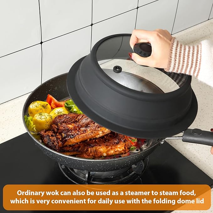 Collapsible Microwave Splatter Lid with Vented Tempered Glass Cover Wok Lid for Microwave Safe, Stockpot Steamer Pot Pan 10.5-11 inch Universal Multifunction Silicone Cover