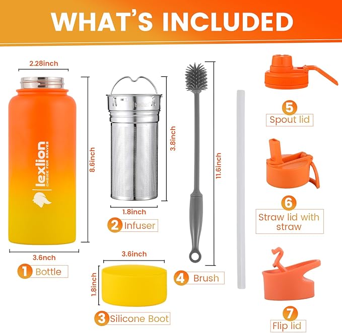 Lexlion 32 Oz Triple Walled Insulated Stainless Steel Fruit Infuser Bottle, Thermal Leaf Infuser, Silicone Sleeve, 3 Lids Leakproof, Metal Mug Gallon