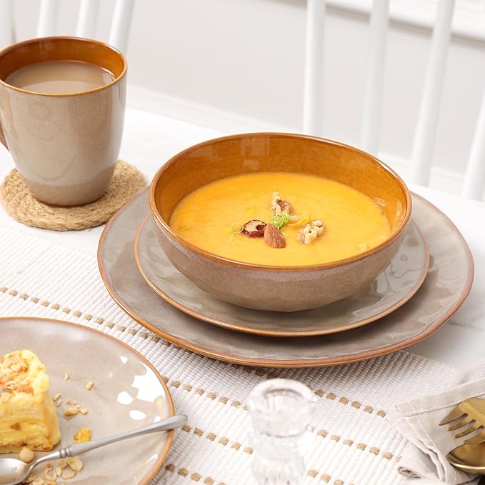 vicrays Ceramic Salad Bowls Set for Kitchen, Serving - 32 Ounce Soup Bowls, Pasta Bowls, Chip Resistant, Dishwasher Microwave Safe, Large, Fluted, stoneware, Set of 6 (Beige)