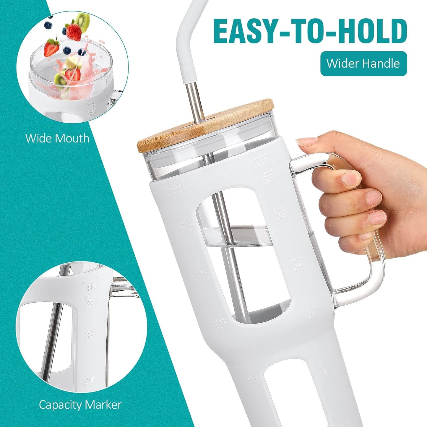 Glass Tumbler with Lid and Straw, 46 oz Iced Coffee Cup with Handle, Large Water Bottles with Silicone Sleeve, Glass Cup with Straws - Pearl Straw & Drinking Straw BPA Free-White