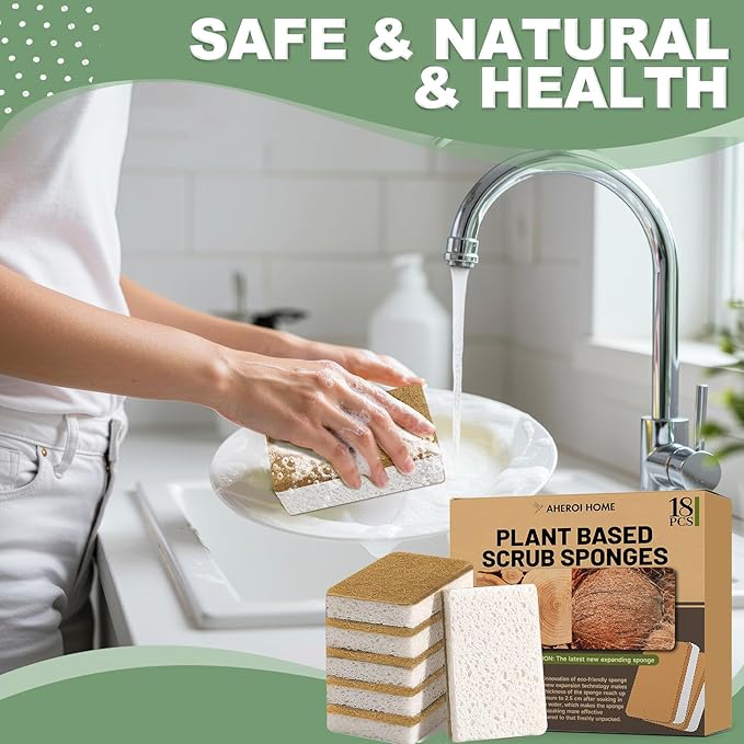 Aheroi Natural Dish Sponge, 18 Count Plant-Based Biodegradable Kitchen Sponges for Dishes, Compostable Eco Friendly Sponges, Organic Cleaning Sponge Dish Scrubber Products for Household, Non Scratch
