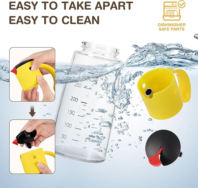 Vucchini Olive Oil Dispenser Bottle for Kitchen Cooking 10 oz - Auto Flip Vinegar Dispenser Container- Leakproof Glass Cruet with Non-Drip Spout Dispenser (white and yellow)