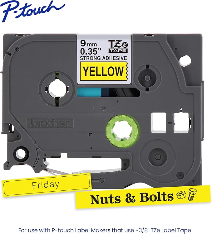 Brother Genuine P-Touch TZe Black Print on Yellow Label Tape (TZeS621), Strong Adhesive Laminated,3/8in x 26.2ft (9mm x 8m), for Select P-Touch Label Makers, Water-Resistant, Extra Strength