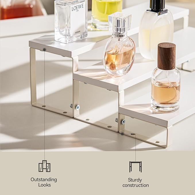 Spice Rack,Wooden Display Riser Stand, 3-Tier Perfume Stand and Cologne Organizer Stand, DIY Spice Rack Organizer, Display Shelf Metal Frame