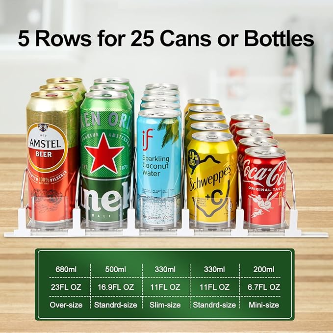 Drink Dispenser for Fridge, Soda Can Organizer for Refrigerator, Adjustable Width Beverage Self-Pushing Glide Rack, Up to 25 Cans Storage for Fridge Pantry (White, 15 Inch, 5 Rows)