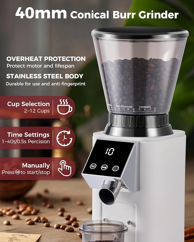 Tuni E2 58mm Espresso Machine and G1 Ivory Conical Burr Coffee Grinder Combo, 20Bar Dual Boiler Coffee Maker with 10mm Steam Milk Frother, 48 Grind Settings Anti-static Burr Mill