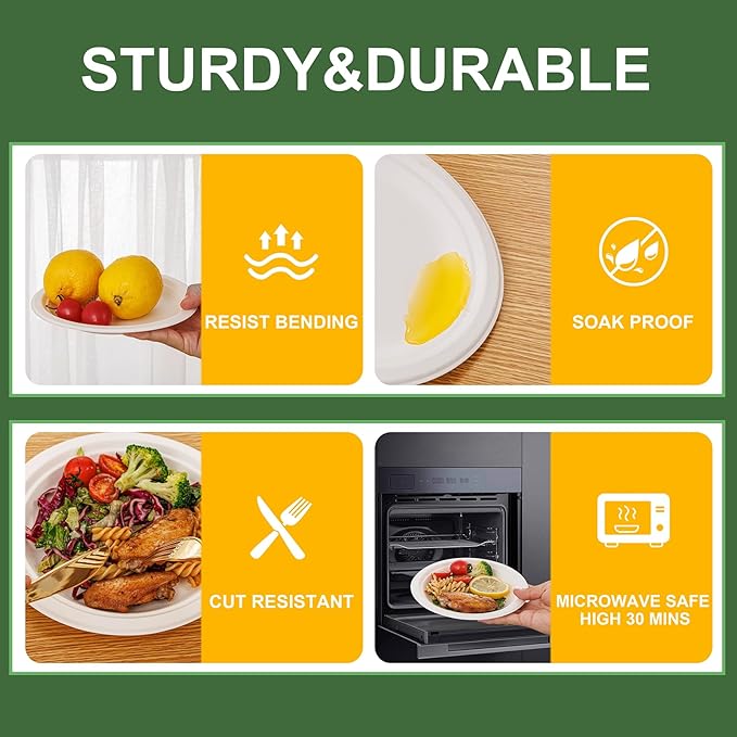 WELLIFE 100% Compostable Paper Plates 7 Inch, 125-Pack Dessert Paper Plates Bulk, Biodegradable Bagasse,Eco-Friendly Disposable Plate Small for BBQ,Picnic,Party (BPI Certified,Microwaveable)