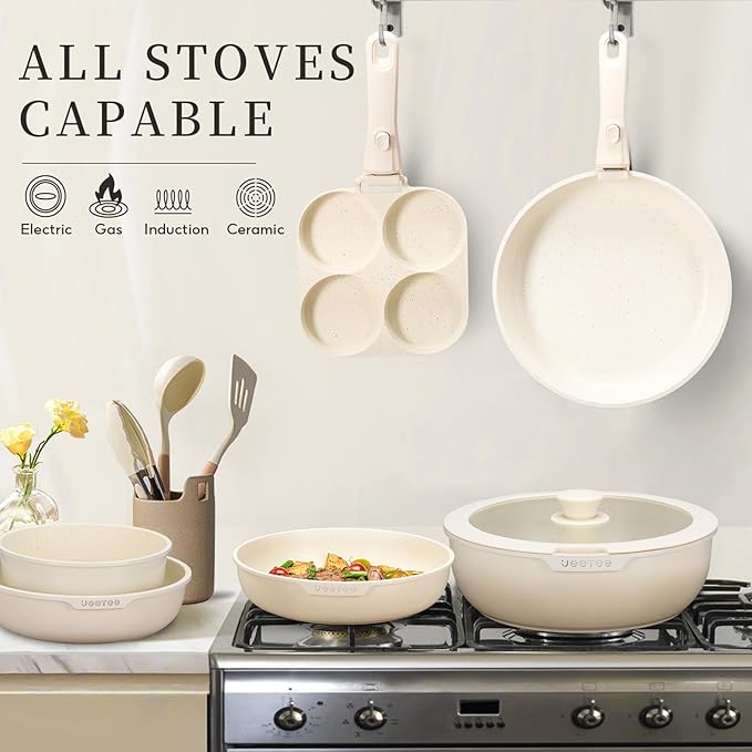 JEETEE Pots and Pans Set Non Stick 20 Pcs, Cookware Set Detachable Handle, RV Kitchen Cooking Set Removable Handles, Stackable Non-stick Set, Oven Safe, Beige