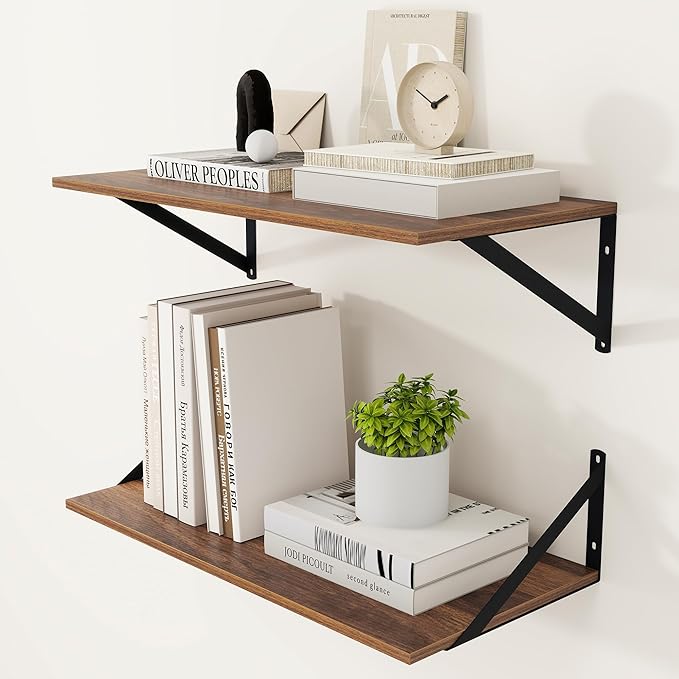 Heimlove 12 Inch Deep Floating Shelves for Wall, 24W x 12D Wood Wall Shelves Set of 2, Walnut Wide Floating Bookshelf for Living Room, Kitchen, Office, Bedroom, with Black Metal Bracke - Walnut
