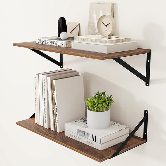 Heimlove 12 Inch Deep Floating Shelves for Wall, 24W x 12D Wood Wall Shelves Set of 2, Walnut Wide Floating Bookshelf for Living Room, Kitchen, Office, Bedroom, with Black Metal Bracke - Walnut