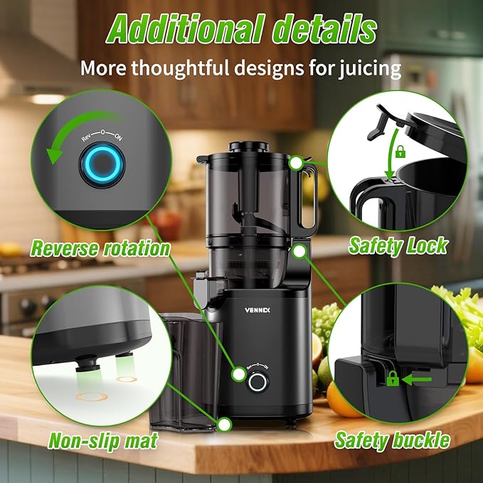 VENNXE Cold Press Juicer, Masticating Juicer with 5.7" Large Feed Chute for Whole Vegetables and Fruits, Dual Auger Juice Extractor Machines for High Juice Yield, Easy to Clean and Assemble, Black