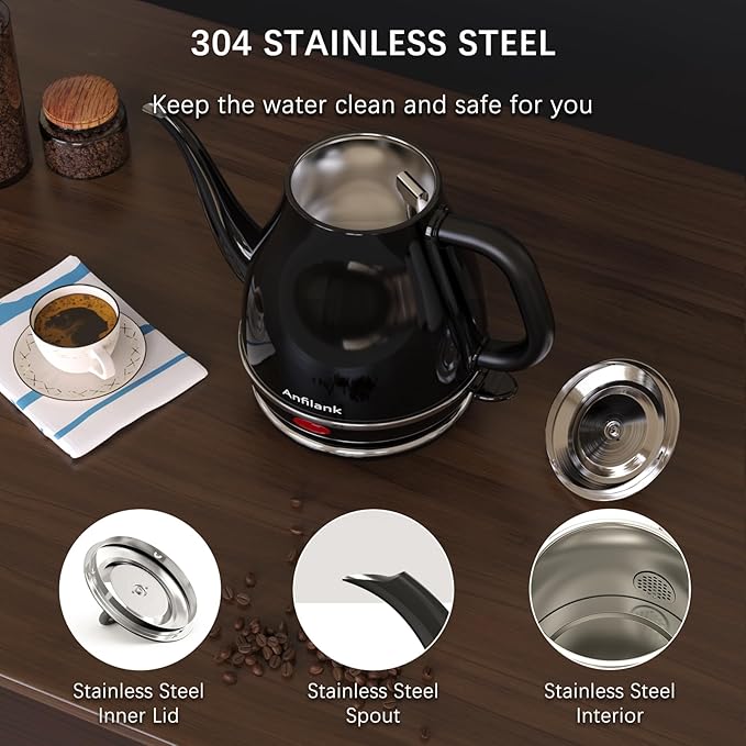 Electric Gooseneck Kettle, 1L 1500W Fast Boil, 100% Stainless Steel BPA Free Pour-Over Coffee & Tea Kettle, Water Boiler with Auto Shut & Boil-Dry Protection, Black