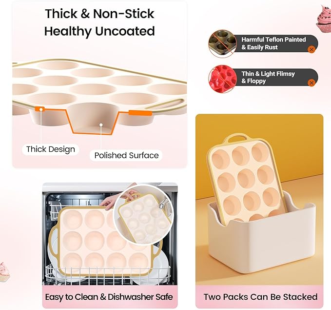 Silicone Muffin Pans for Baking 1 Pack, 2.6 Inch with Metal Reinforced Frame, Regular Size Nonstick Cupcake Pan 12 Cups for Baking Homemade Muffins, Dishwasher Safe BPA Free-Light Yellow