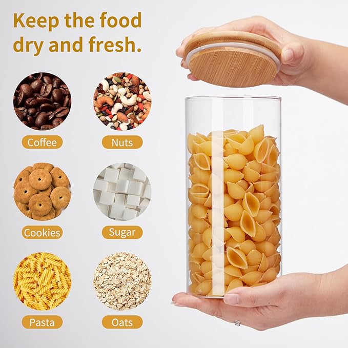 Glass Food Storage Jars with Lids[Set of 5], Perfect for Pasta, Cookies, Nuts, Coffee, Cereal, Flour, and More, Organize Your Kitchen and Pantry with these BPA-Free Glass Canisters