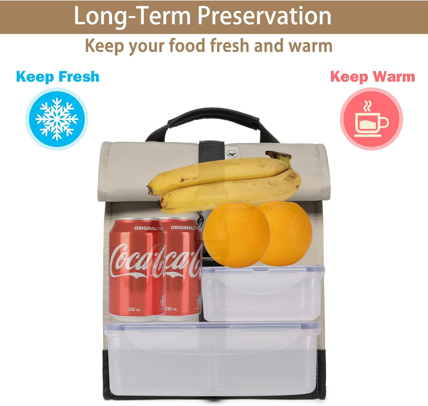 SUNNY BIRD Insulated Lunch Bag Rolltop Lunch Box Tote Bag for Women, Men, Adults and Teens (Grey and black)