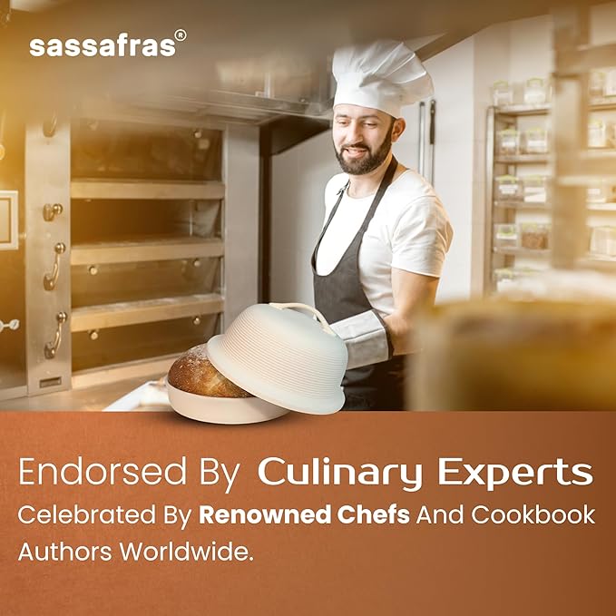 Sassafras Superstone Stoneware La Cloche Bread Baker, Unglazed, Baking Stone for Bread, Capacity 5QT 12”D x7”H with handle, Withstands Temperature 500-2100 Fahrenheit