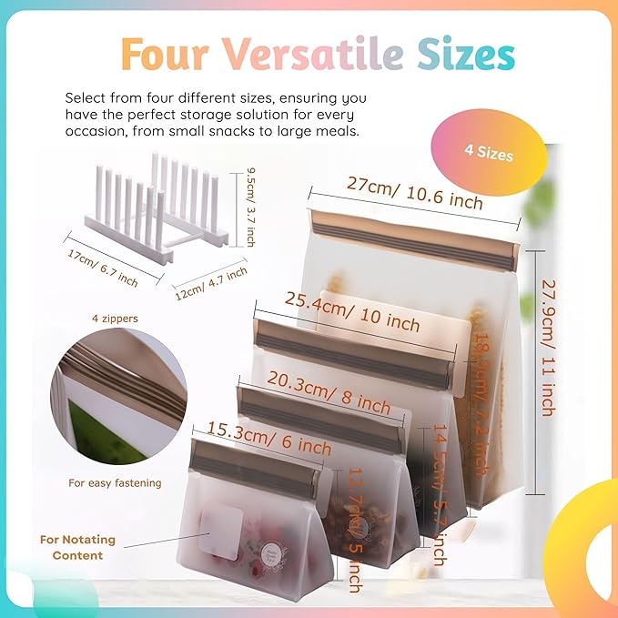 Reusable Silicone Food Storage Bags – 21-Pack Stand-Up, BPA-Free, Freezer, Dishwasher Safe & Eco-Friendly – 4 Gal, 6 L, 7 M, 3 S + Rack – Airtight Leakproof Sandwich, Snack, and Meal Prep Bags (Grey)