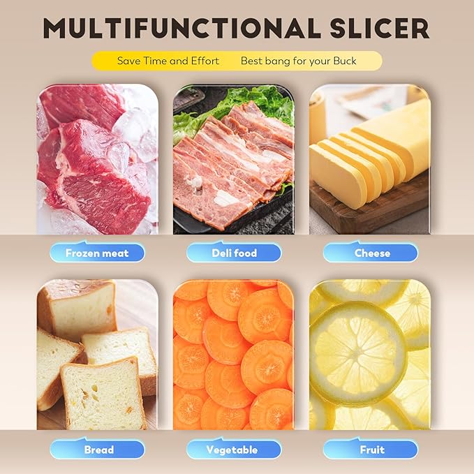 CGOLDENWALL Meat Slicer Machine with Teflon Non-stick Blade 240W Electric Meat Slicer for Frozen Meat/Deli Meat/Cheese/Food Slicer, Low Noises Commercial and Home Use