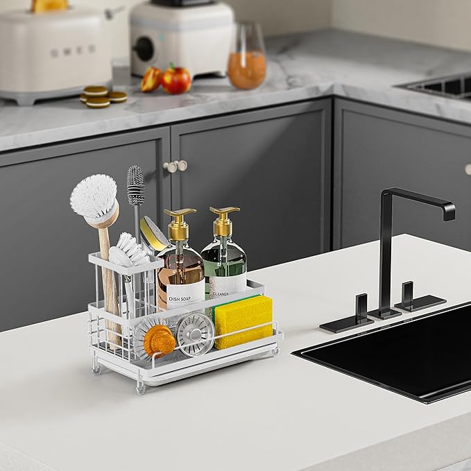 Cisily Kitchen Sink Caddy Organizer, Sponge Holder for Kitchen Sink Rustproof 304 Stainless Steel, Non-Slip Soap Dish Dispenser Brush Holder Storage, Home & Kitchen Essentials Accessories