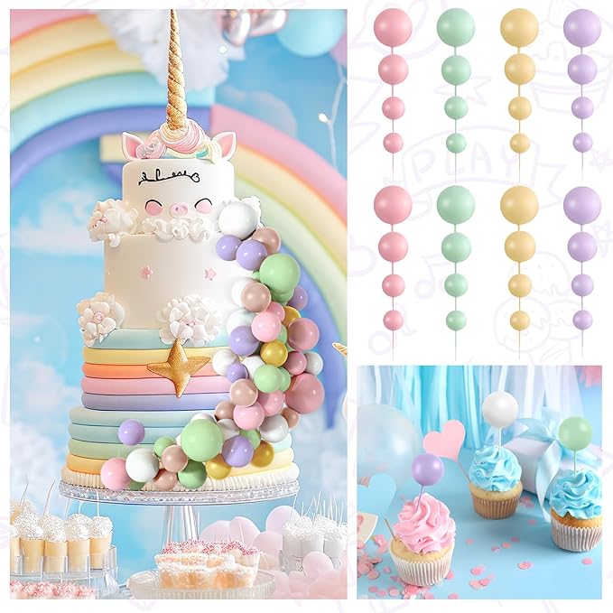 48 Pcs Balls Cake Topper Decorations Balloon Cupcake Toppers Foam Cake Topper Balls Cake Balls Decorations for Birthday Party Wedding Cake Decorating(Pink,Green,Yellow,Purple,Brown,White)