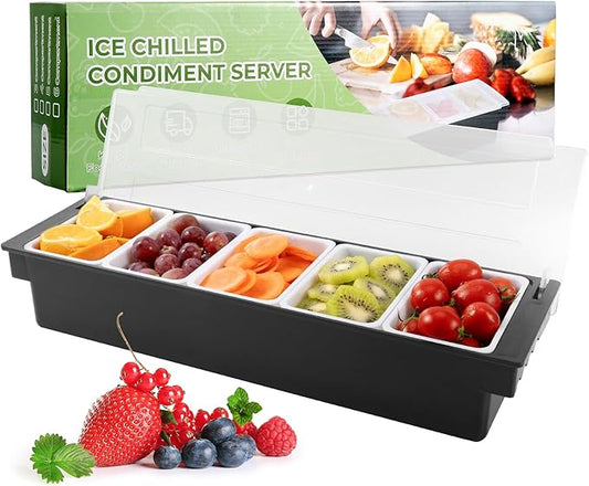 WICHEMI Fruit, Veggie & Condiment Caddy with Lid Dispenser Tray Plastic Garnish Station for Bartending & Serving Taco, Ice Cream, Salad Bar - Topping Organizer for Restaurant Supplies (5 Compartment)