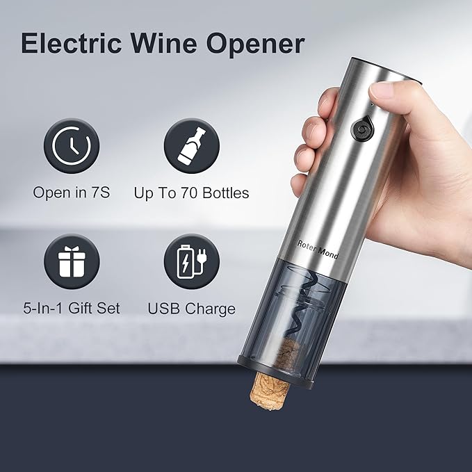 Electric Wine Opener Set, Roter Mond Automatic Wine Bottle Opener set with Electric Wine Decanter Aerator Wine Foil Cutter 2 Vacuum Stoppers, 5-in-1 Wine for Home Party Thanksgiving Christmas New Year