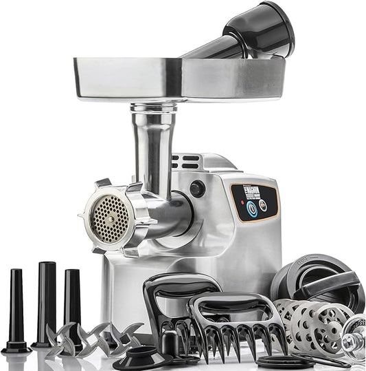 Magnum 1800W Electric Meat Grinder | Grinds Soft Bones | High-Capacity Meat Tray | 6 Grinding Plates | 3 Stainless Steel Blades | Sausage Stuffer | Kubbe Maker & More Included