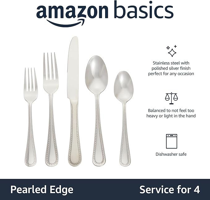 Amazon Basics Silverware Set, Stainless Steel Flatware, Dishwasher Safe, Service for 4, 20-Piece Forks and Spoons, Pearled Edge
