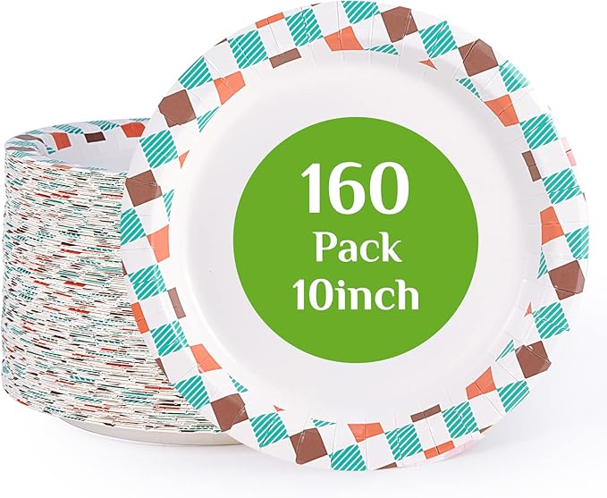 FOCUSLINE 10 inch Paper Plates, Disposable Paper Plates 10 inch Bulk 160 Count, Soak-Proof & Cut-Proof Bulk Plate for Parties, Picnic and Family Gatherings.