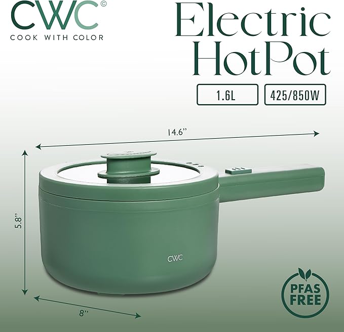 COOK WITH COLOR Electric Hot Pot, 1.6L Mini Cooker, 700W Power, Non-Stick Surface, Thermal Cut-Out Protection, Perfect for Rice, Noodles, Soups, Stews, Dorms, Apartments, and Small Kitchens, Dark Sage