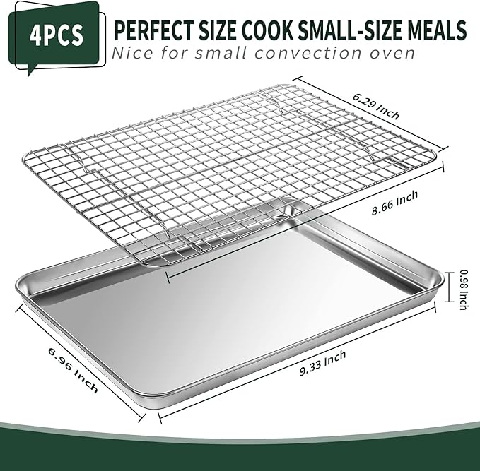 Small Baking Sheet with Rack Set [2 Small Cookie Sheets + 2 Small Baking Racks], CEKEE Stainless Steel Small Baking Pan and Grill Rack - Rust & Warp Resistant & Nonstick, Size 9.33 x 6.96 x 1 Inch