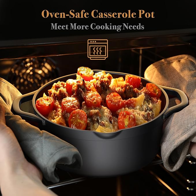 PekGema Nonstick Pots and Pans Set, Non Stick Cookware Set 14 Pcs, Induction Cooking Set with Pour Spouts and Oven Safe for Casserole, PFOA FREE, Classic Black