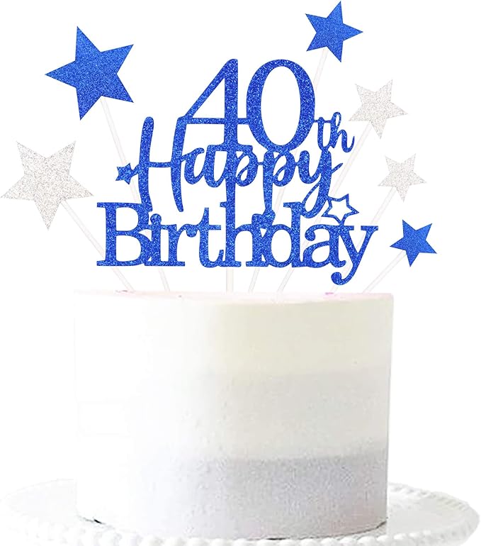 Glittery 40th Happy Birthday Cake Topper with Star,Personalised 40 Birthday Cake Toppers Party Decorations Party Supplies for Men Women Blue