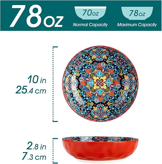vancasso Large Serving Bowls, 78 Oz Extra Large Salad Bowls Set of 2, Bohemian Decorative Bowls for Salad, Fruit, Pasta and Dinner, Serving Dishes Set for Party, Dishwasher & Microwave Safe－Red