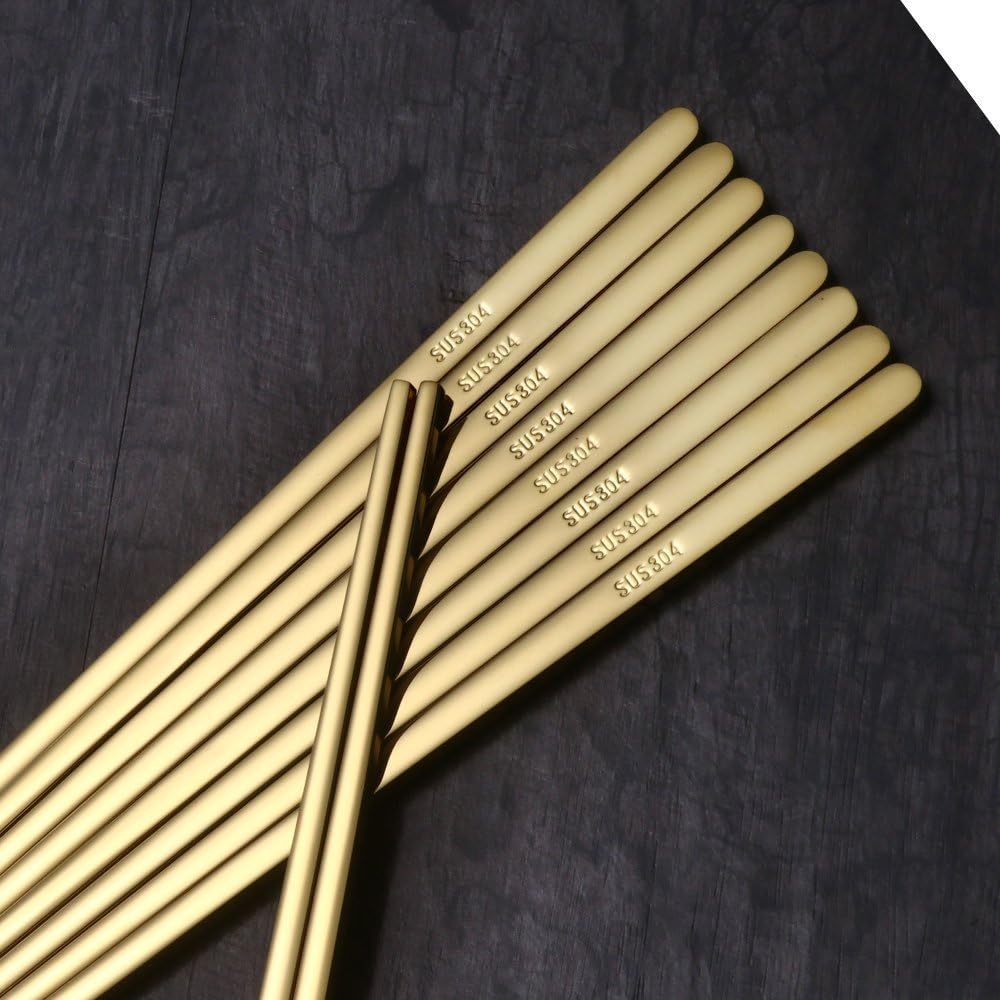 Buyer Star 5 Pairs Gold Flat Chopsticks - Reusable Metal Stainless Steel Chinese Chopsticks Set with Case