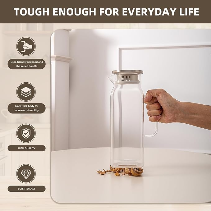 Glass Water Pitcher with Lid and Spout, 2L/68 Ounces Heat Resistant Borosilicate Glass Carafe, Temperature Safe