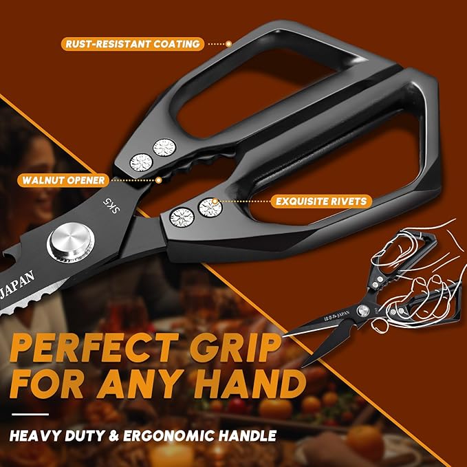 HUUSK Kitchen Scissors Set Black - Upgraded Stainless Steel Kitchen Shear, Sharp Meat Scissors, Heavy Duty Poultry Shears, Japanese Cooking Scissor for Food, Chicken Bones, and Turkey, Dishwasher Safe