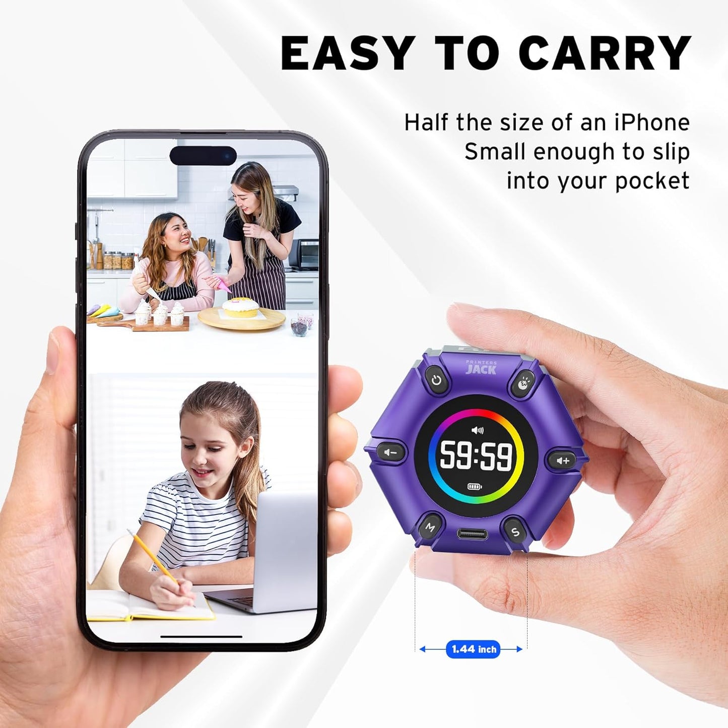 Printers Jack, Productivity Cube Timer, Visual Pomodoro Timer, Mute & Vibration & Adjustable Sound Alert, ADHD, for Office, Study, Work, 3/5/10/25/30/60min & Custom Countdown - Purple