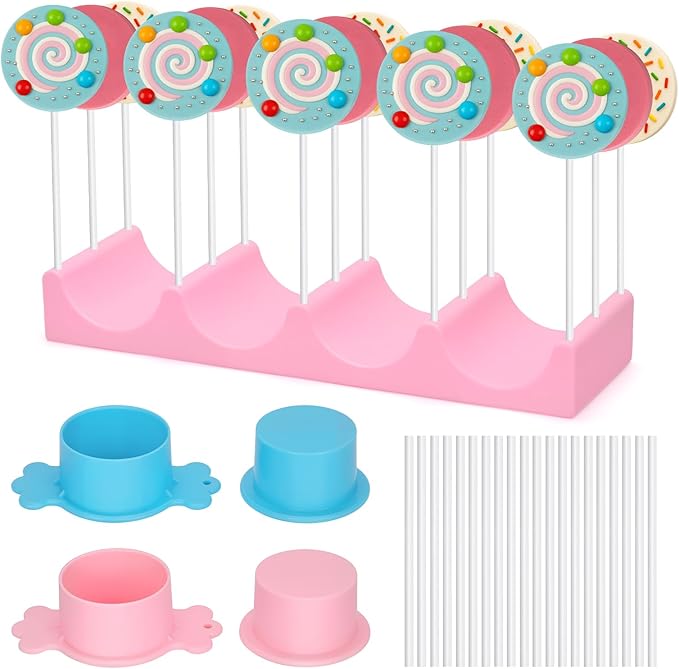 15 Holes Silicone Cake Pop Stand for Drying, Lollipop Display Holder with 2 Candy Shaped Cake Pop Mold Set & 20Pcs Sticks for Birthday Cake Decorations (Pink&Blue, 23P)