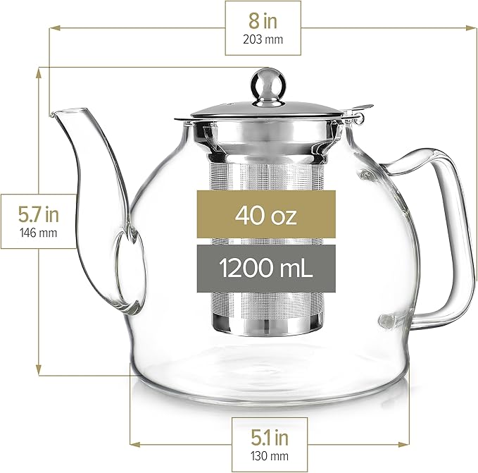 Teabloom Dublin Glass Teapot – Fine Borosilicate Glass – Stovetop and Microwave Safe – Removable Stainless Infuser – Ideal for Loose Leaf Tea – Large Capacity – 40 oz. / 1200 ml (4-5 Cups)