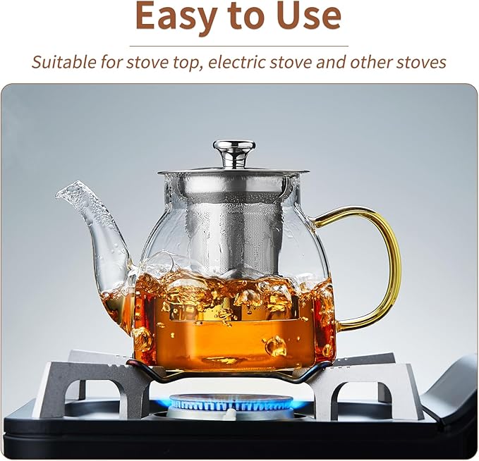 Glass Tea Pot with Stainless Steel Infuser and Lid (Octagonal), Clear Glass Teapot, Borosilicate Hydrochloric Glass Heat Resistant, Fine Glass Filter for Flower Tea, Tea Bags (27 oz / 800 ml)