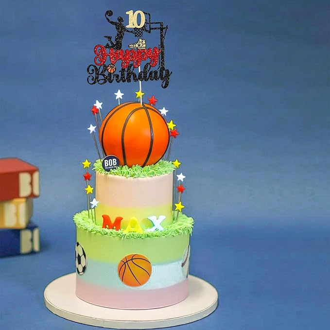 1Pc 10th Birthday Basketball Cake Topper Glitter Basketball Sports Theme Cake Pick for Baby Shower 10th Birthday Cake Decorations Party Supplies Black