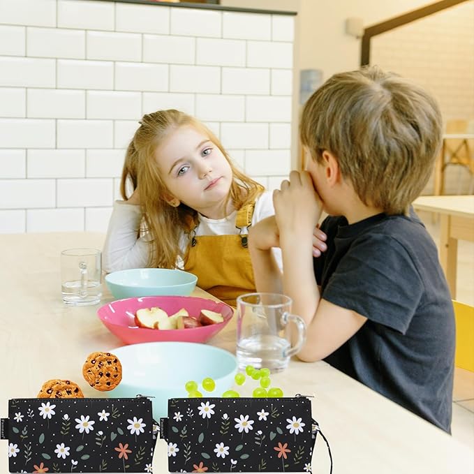 Reusable Sandwich Bag/Snack Bag for Kids & Adults, Dual Layer Lunch Bag with Handle, Washable, Food Safe, BPA Free (2-Pack, Daisy)