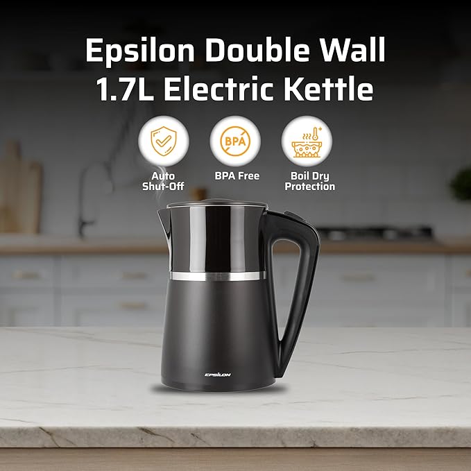 Epsilon Double Wall Electric Kettle 1500W – 1.7L Hot Water Tea Kettle & Hot Water Boiler with Auto Shut-Off, Boil Dry Protection, BPA-Free Stainless Steel Electric Teapot Fast Boil, Cool Touch Design