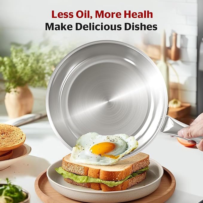Sunhouse 18/10 11 Inch Stainless Steel Frying Pan, Whole-Clad No Coatings Skillet with Stay-cool Handle for Cooking, Durable & Oven Safe to 500°F, Dishwasher Safe, Compatible with All Cooktops