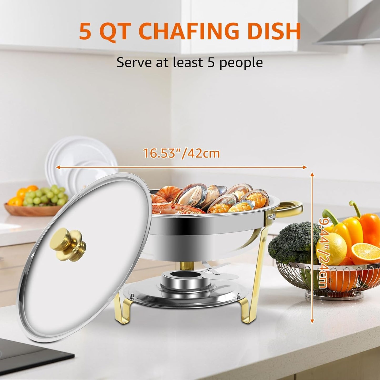 Gold & Silver Chafing Dishes for Buffet with Lid 5QT, 8 Pack - Food-Grade Stainless Steel Chafers and Buffet Warmers Sets with Lid Holder, Rolled Edge Design, for Party, Banquet